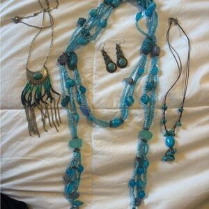 Turquoise Beaded Multi-Strand Necklace and Earring Set - Women Jewelry